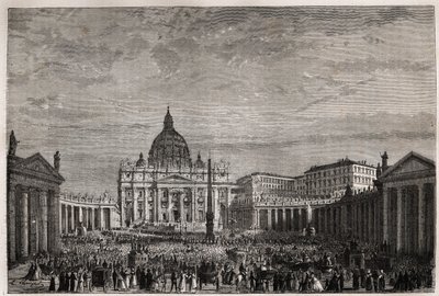 Die Menge strömte auf den Petersplatz im Vatikan, um den großen Ostersegen von Papst Pius IX. (1792-1878) zu empfangen. Gravur zur Illustration der Geschichte der Karwoche in Rom, 1863, von Ludovic Celler, in „Le tour du monde, nouveau journal des voyages“ von Unknown artist