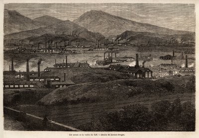Die Fabriken des Taff-Tals. Zeichnung von Durand Brager, zur Illustration eines Besuchs der großen Fabriken in Wales im Jahr 1862, von L. Simonin. Gravur in „Le tour du monde“, herausgegeben von Edouard Charton von Unknown artist