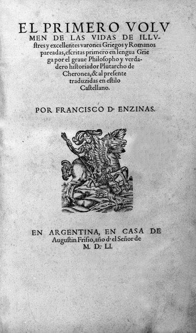 Das Leben berühmter Männer. Frontispiz des Buches von Plutarch di Cheronee, auch „Parallele Leben“ genannt. Argentinische Ausgabe von Unknown artist