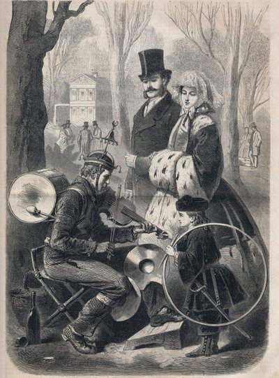 Der Ein-Mann-Orchester der Champs-Élysées in Paris. Er trägt einen Glockenhut, eine Rollkiste auf dem Rücken, Becken an den Knien und spielt die Geige. Gravur in „Le Monde illustré“ von 1862. Private Sammlung. von Unknown artist