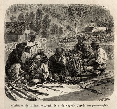 Die Herstellung von Palmblattkörben zur Kaffeebereitung. Gravur zur Illustration der Reise nach Brasilien, Geschichte von M. und Mme Agassiz, 1865-1866, veröffentlicht in „Le tour du monde, nouveau journal des voyages“, unter der Leitung von Edouard Charto von Unknown artist
