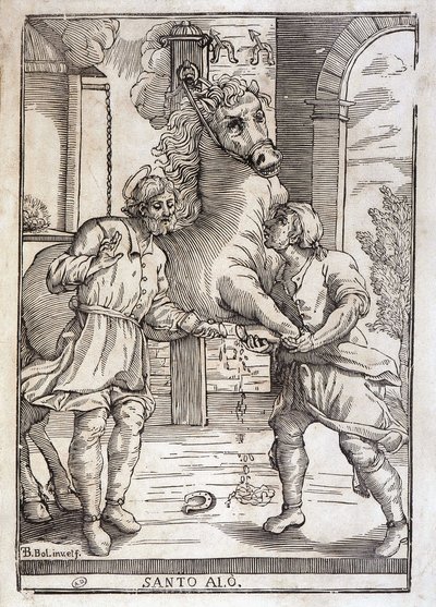 Das Wunder des heiligen Eloi (Heilung eines amputierten Pferdes) - Gravur. von Unknown artist