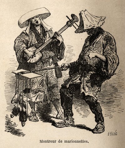 Das Puppenspiel und der Musiker, der ihn für Straßenunterhaltung begleitet. Gravur zur Illustration der Reise nach Japan, von Aime Humbert, Minister der Schweizerischen Eidgenossenschaft, veröffentlicht in „Le tour du monde, nouveau journal des voyages“, u von Unknown artist