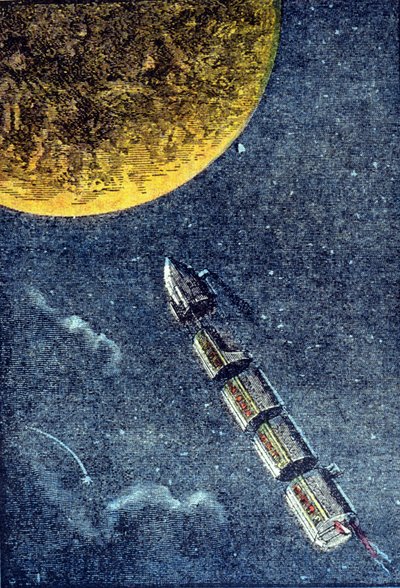 Die Rakete, die in den Weltraum gestartet wurde und den Mond erreicht - Gravur in „Von der Erde zum Mond“ von Jules Verne von Unknown artist