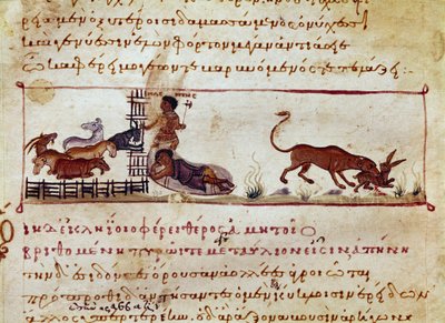 Die Schafzucht, rechts wird ein Hase von einem Miniaturtier verschlungen, aus „Die Cynegetik“ von Oppian von Syrien (3. Jahrhundert n. Chr.) gewidmet Caracalla. 11. Jahrhundert Venedig, Biblioteca Marciana von Unknown artist