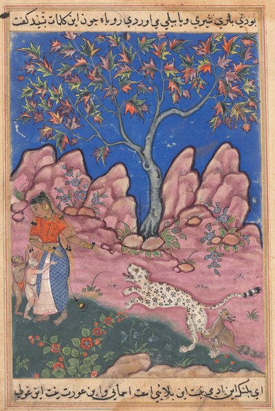 Die Frau unterhält sich mit ihren Kindern, als der Leopard zurückkehrt, angestachelt von einem Fuchs, der an sein Bein gebunden ist, aus einem Tuti-nama (Geschichten eines Papageis): Dreißigste Nacht von Unknown artist
