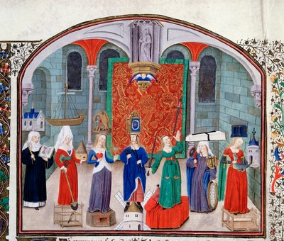 Theorie der theologischen und kardinalen Tugenden. Miniatur aus dem Manuskript „Kommentar zur politischen und wirtschaftlichen Ethik“ von Aristoteles (383-322 v. Chr.), übersetzt von Nicolas Oresme von Unknown artist