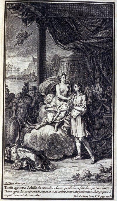 Thetis bringt Achilles die neuen Waffen, die sie ihm von Vulkan gemacht hat; und dieser Prinz, nachdem er sie erhalten hat, verzichtet auf seinen Zorn gegen Agamemnon und bereitet sich darauf vor, den Tod seines Freundes zu rächen. Illustration aus Buch XI von Unknown artist