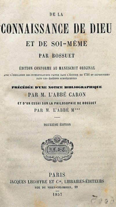 Titelseite von „Die Erkenntnis Gottes und des Selbst“ von dem französischen Theologen und Bischof Jacques-Bénigne Bossuet (1627-1704). 1857. von Unknown artist