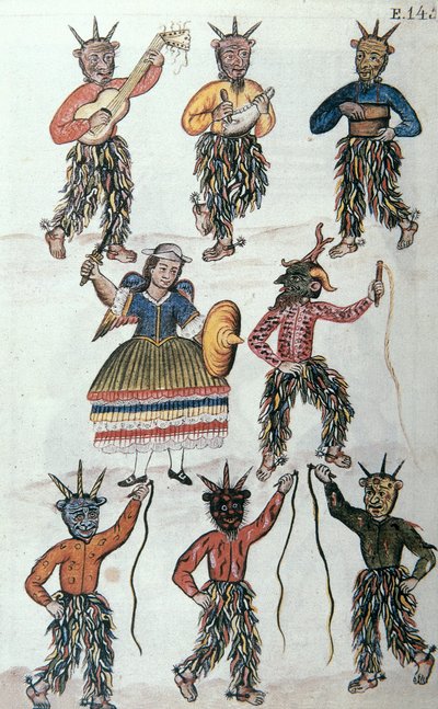 Traditioneller Tanz der Diablicos in Peru, aus dem Buch "Trujillo del Peru" oder "Códice Martínez Compañón", von Baltazar Martinez Compañón y Bujanda, Bischof von Trujillo (1782-1785) von Unknown artist