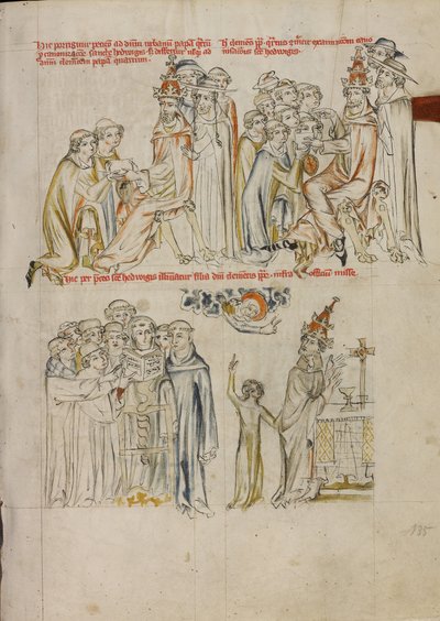 Zwei Kleriker bitten um die Heiligsprechung der Heiligen Hedwig vor Papst Urban IV; Papst Clemens bittet die Heilige Hedwig um Fürsprache zur Heilung seiner blinden Tochter von Unknown artist