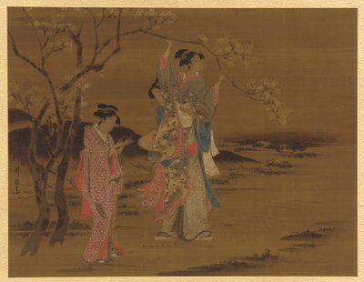 Zwei Mädchen und ein Mann unter einem Kirschbaum von Unknown artist