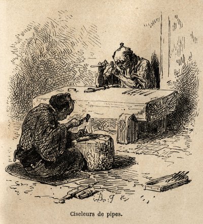 Zwei Arbeiter, jeder mit einem Hammer und einem Stempel, gravieren Metallrohre in ihrer Werkstatt. Gravur zur Illustration der Reise nach Japan, von Aime Humbert, Minister der Schweizerischen Eidgenossenschaft, 1863-1864, veröffentlicht in „Le tour du mond von Unknown artist
