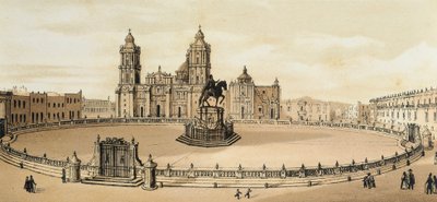 Ansicht des Zocalo-Platzes und der Kathedrale in Mexiko-Stadt, Mexiko. Lithographie aus dem späten 19. Jahrhundert von Unknown artist