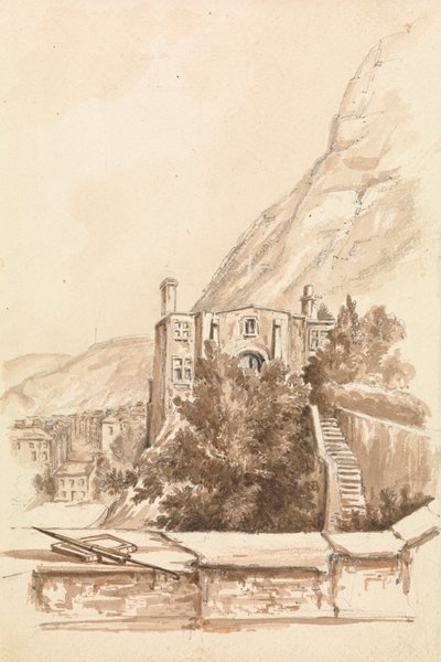 Ansicht einer Stadt mit Klippen im Hintergrund von Unknown artist