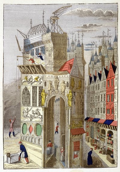 Ansicht einer Straße in Paris im 15. Jahrhundert, mit ihren Fachwerkhäusern und einer im Bau befindlichen Kirche von Unknown artist