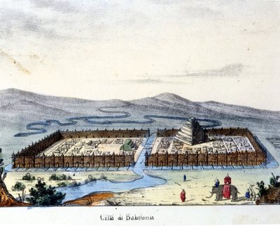 Ansicht des antiken Babylon: im Zentrum der Tempel und die hängenden Gärten. Anfang 19. Jahrhundert. von Unknown artist