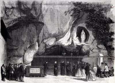 Ansicht der Grotte von Lourdes in den Hohen Pyrenäen, wo die Jungfrau Maria 1858 Bernadette Soubirous (1844-1879) erschien, heute ein Wallfahrtsort. Gravur des 19. Jahrhunderts von Unknown artist