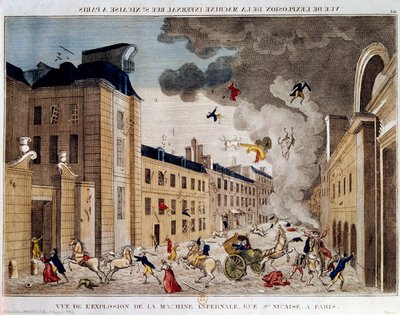 Ansicht der Explosion der Höllenmaschine in der Rue Saint Nicaise in Paris am 3. Nivose Jahr IX. Die Verschwörung der Höllenmaschine war ein Attentat auf Napoleon Bonaparte, den neuen Ersten Konsul nach dem Staatsstreich vom 18. Brumaire. von Unknown artist