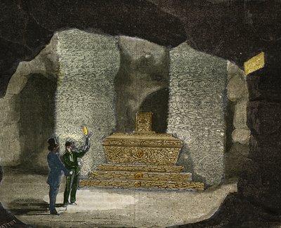 Ansicht des Beinhauses der Katakomben von Montsouris in Paris. Gravur von 1856 in „Le Musee Des Sciences“ von Unknown artist