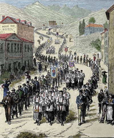 Ansicht der Prozession von der Station zur Grotte von Lourdes in den Hohen Pyrenäen, wo die Jungfrau Maria 1858 Bernadette Soubirous (1844-1879) erschien, heute ein Wallfahrtsort. Gravur aus dem 19. Jahrhundert von Unknown artist