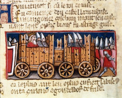 Kriegsmaschinen, Vorläufer des Panzers, verwendet von Karl dem Großen gegen die Mauren Spaniens - in „Eingang von Spanien“, Manuskript aus dem 14. Jahrhundert. Biblioteca Marciana, Venedig von Unknown artist