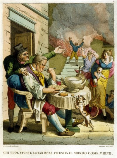 „Wer das Leben genießen und gut leben will, muss die Welt nehmen, wie sie kommt“. Sammlung von Sprichwörtern, Gravur aus dem späten 18. Jahrhundert von Unknown artist