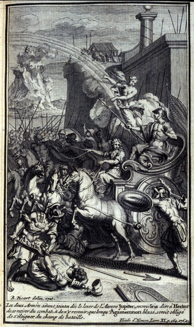 Mit dem Aufstieg der Morgendämmerung, als sich die beiden Armeen trafen, sandte Jupiter Iris, um Hector zu sagen, dass er sich aus der Schlacht zurückziehen und erst zurückkehren solle, wenn Agamemnon verletzt sei und gezwungen wäre, sich vom Schlachtfeld  von Unknown artist