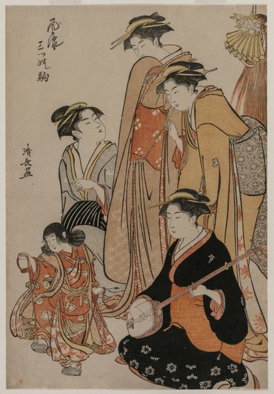 Frauen beobachten ein Mädchen, das auf Muscheln tanzt (aus der Serie Modische Darstellungen von drei Pferden) von Unknown artist