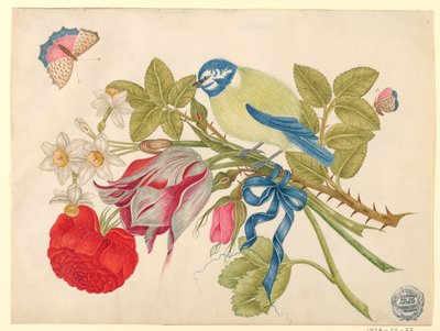 Gelb-blauer Vogel auf Strauß mit Rose, Tulpen und Narzissen, mit Schmetterlingen von Unknown artist