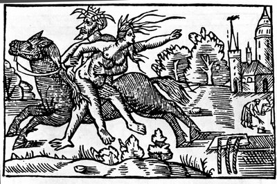 Der Teufel nimmt eine Hexe von einem Pferd und bringt sie in die Hölle. Holzschnitt aus dem 16. Jahrhundert von Unknown artist