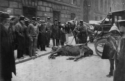 Tod eines Kutschpferdes in den Straßen von Paris. Fotografie, späte 19. Jahrhundert, Paris. Sammlung Selva. von Unknown photographer