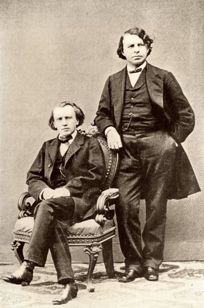 Johannes Brahms (1833-1897) deutscher Komponist, sitzend, mit Joseph Joachim (1831-1907) ungarischer Geiger und Komponist, und Direktor des Berliner Konservatoriums. Halbton von einem Foto von Unknown photographer