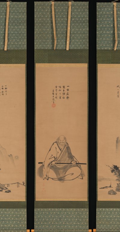 Zen-Meister mit Meditationsstab und Landschaften im chinesischen Stil, wahrscheinlich späte 1620er-1644 von Unkoku Toeki