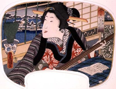 Winter, Shinobazu-Teich; Eine Geisha übt eine Ballade, Entwurf für einen Fächer aus einem Satz von vier, die die Jahreszeiten darstellen von Utagawa Kunisada