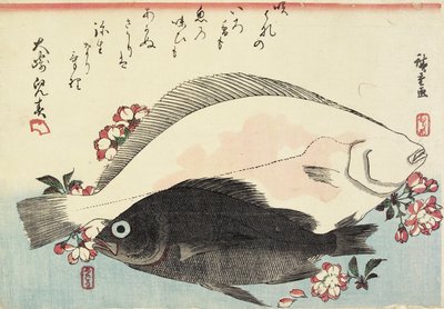 Flunder und Schwarzbarsch, Kirschblüten von Utagawa Hiroshige