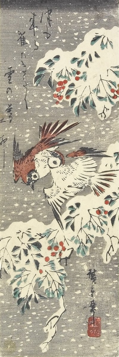 (Himmlischer Bambus und Spatzen im Schnee), 1830-1858 von Utagawa Hiroshige