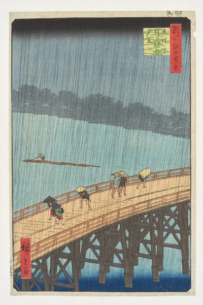 Abendschauer über der Großen Brücke in Atake aus der Serie "100 berühmte Ansichten von Edo" von Utagawa Hiroshige