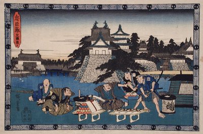 Akt III: Bannai, Moronaos Gefolgsmann, mit einer Liste von Geschenken zur Besänftigung Moronaos, links von Honzō beobachtet von Utagawa Hiroshige