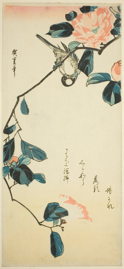 Gimpel auf Kamelienzweig von Utagawa Hiroshige