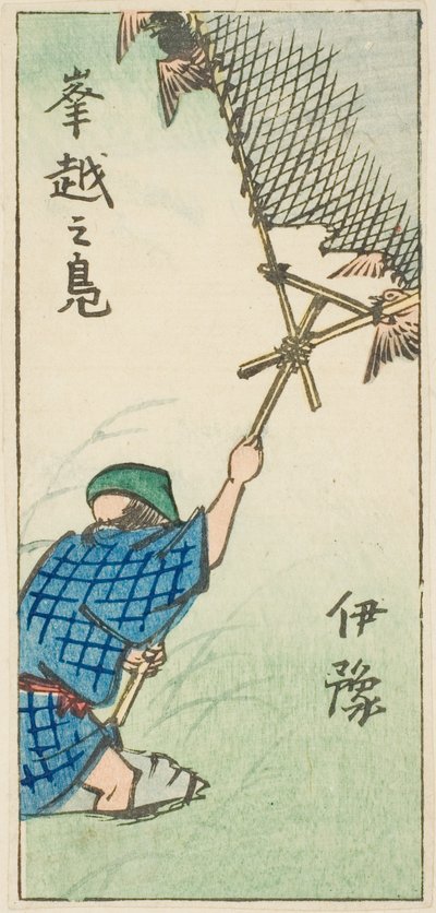 Fangen von Wildenten in der Provinz Iyo (Iyo, okoshi no kamo), Abschnitt des Blattes Nr. 16 aus der Serie "Ausschnittbilder der Provinzen (Kunizukushi harimaze zue)" von Utagawa Hiroshige