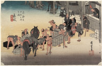 Wechselnde Träger und Pferde, Fujieda, ca. 1833 von Utagawa Hiroshige