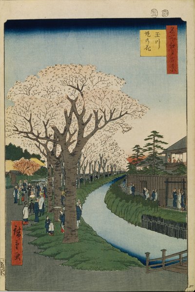 Kirschblüten am Ufer des Tama-Flusses Hundert berühmte Ansichten von Edo, 1856-1858 von Utagawa Hiroshige