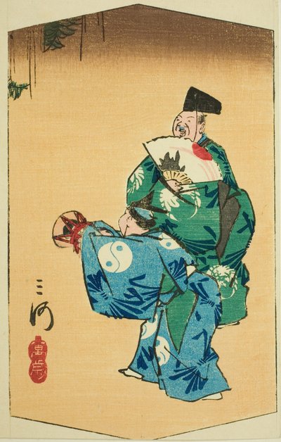 Komische Tänzer in der Provinz Mikawa, Abschnitt von Blatt Nr. 4 aus der Serie "Ausschnittbilder der Provinzen" von Utagawa Hiroshige