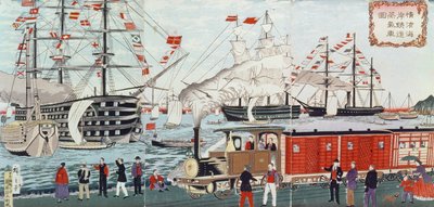 Commodore Perrys Geschenk einer Eisenbahn an die Japaner im Jahr 1853 von Utagawa Hiroshige
