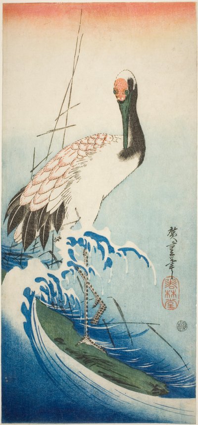 Kranich und Wellen von Utagawa Hiroshige
