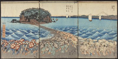 Menschenmengen besuchen den Benzaiten-Schrein in Enoshima in der Provinz Sagami anlässlich der besonderen Besichtigung von Utagawa Hiroshige