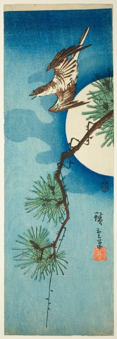 Kuckuck, Kiefernzweig und Vollmond von Utagawa Hiroshige
