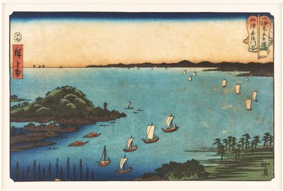 Der Hafen am Ajikawa in der Provinz Settsu aus der Serie »Sumō-Ringkämpfe zwischen Bergen und Meer« von Utagawa Hiroshige