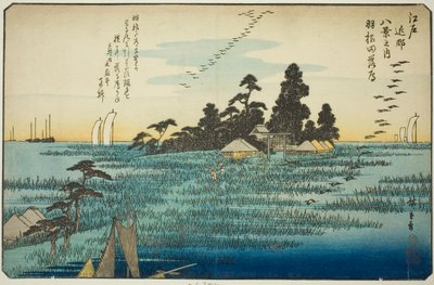 Landende Gänse in Haneda (Haneda no rakugan), aus der Serie "Acht Ansichten in der Umgebung von Edo (Edo kinko hakkei no uchi)" von Utagawa Hiroshige